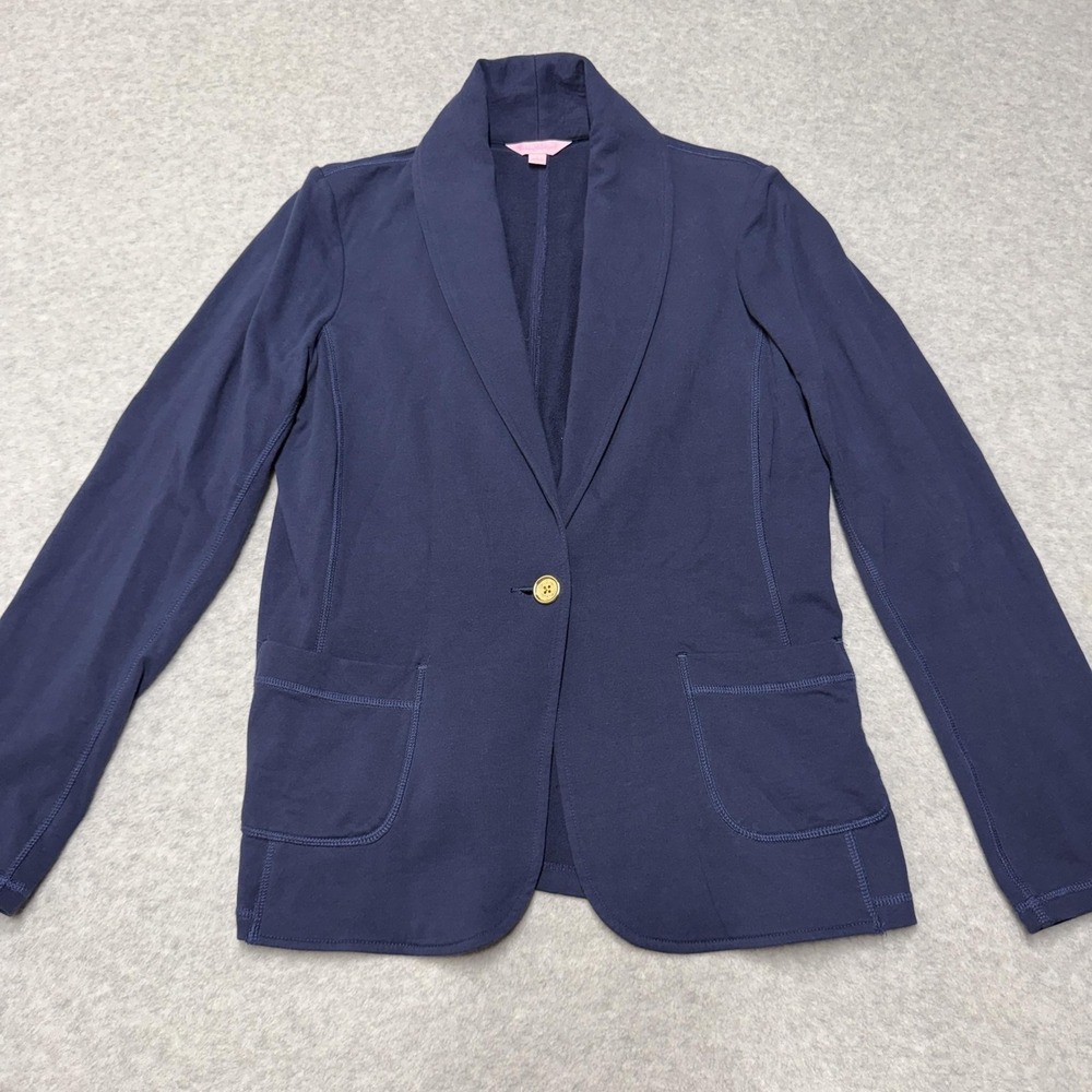 Lilly Pulitzer Blazer Womens Large Blue Knit Cotton Stretch 1 Button Pockets